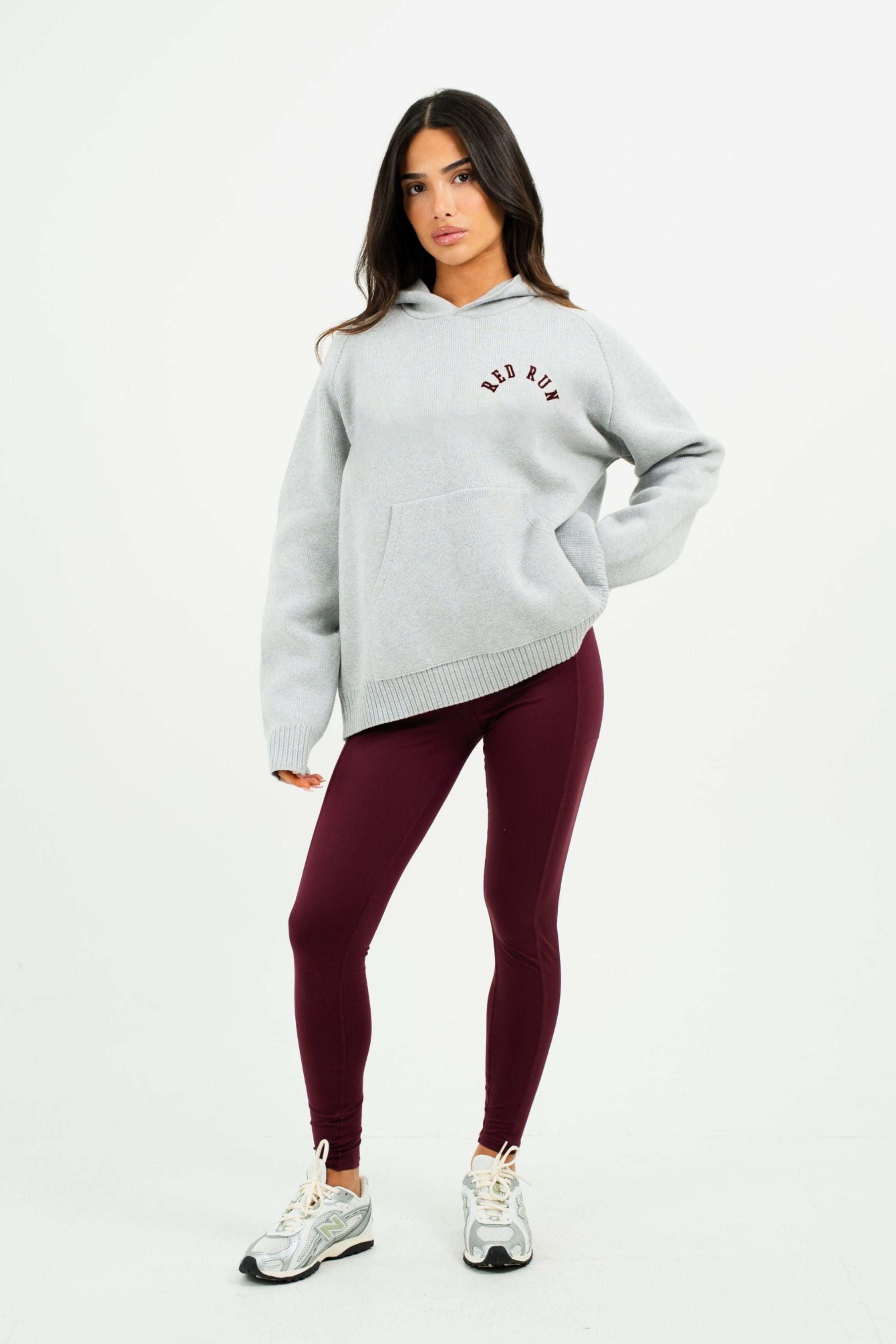 Oversized Knit Hoodie - Grey Melange/Burgundy