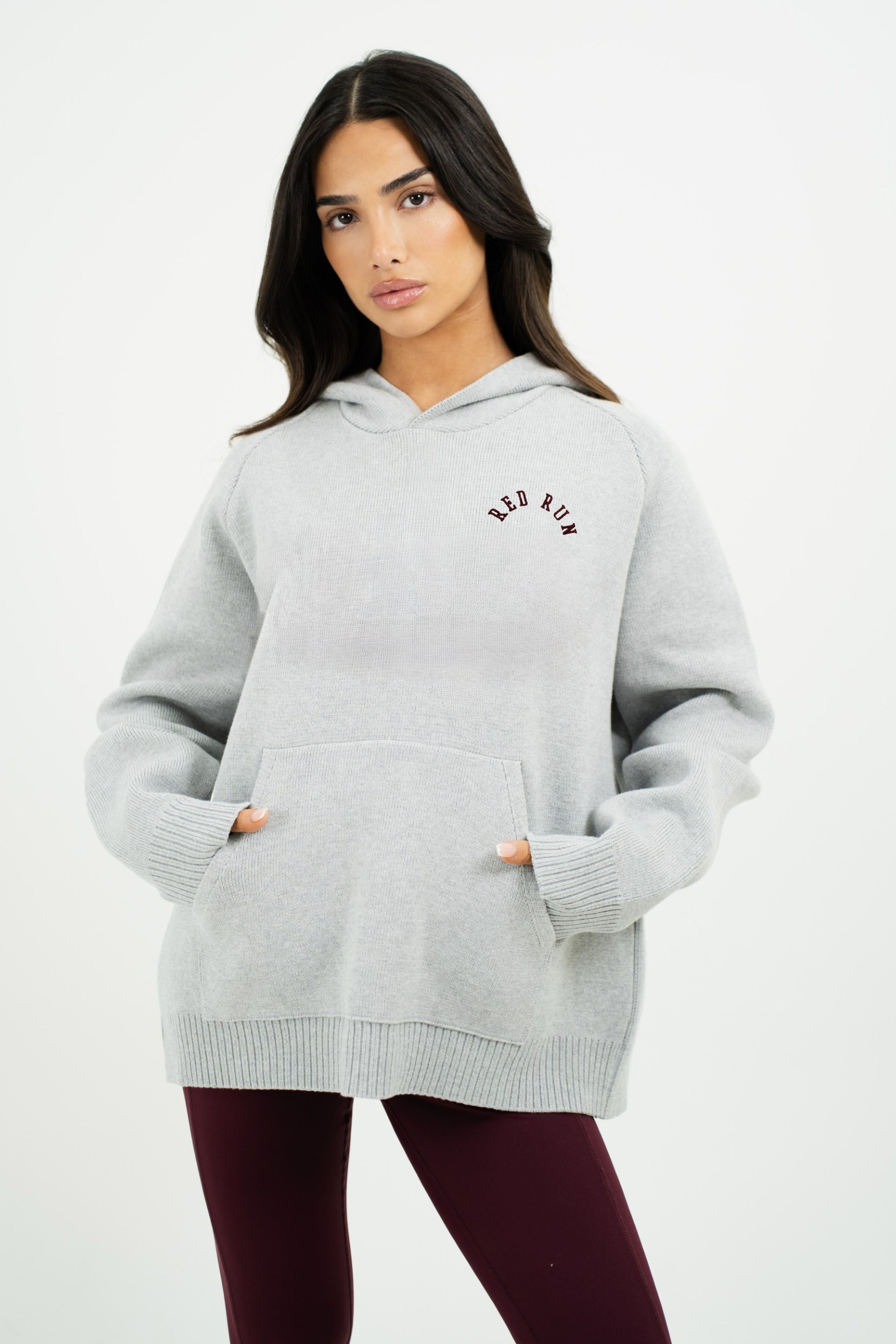 Oversized Knit Hoodie - Grey Melange/Burgundy