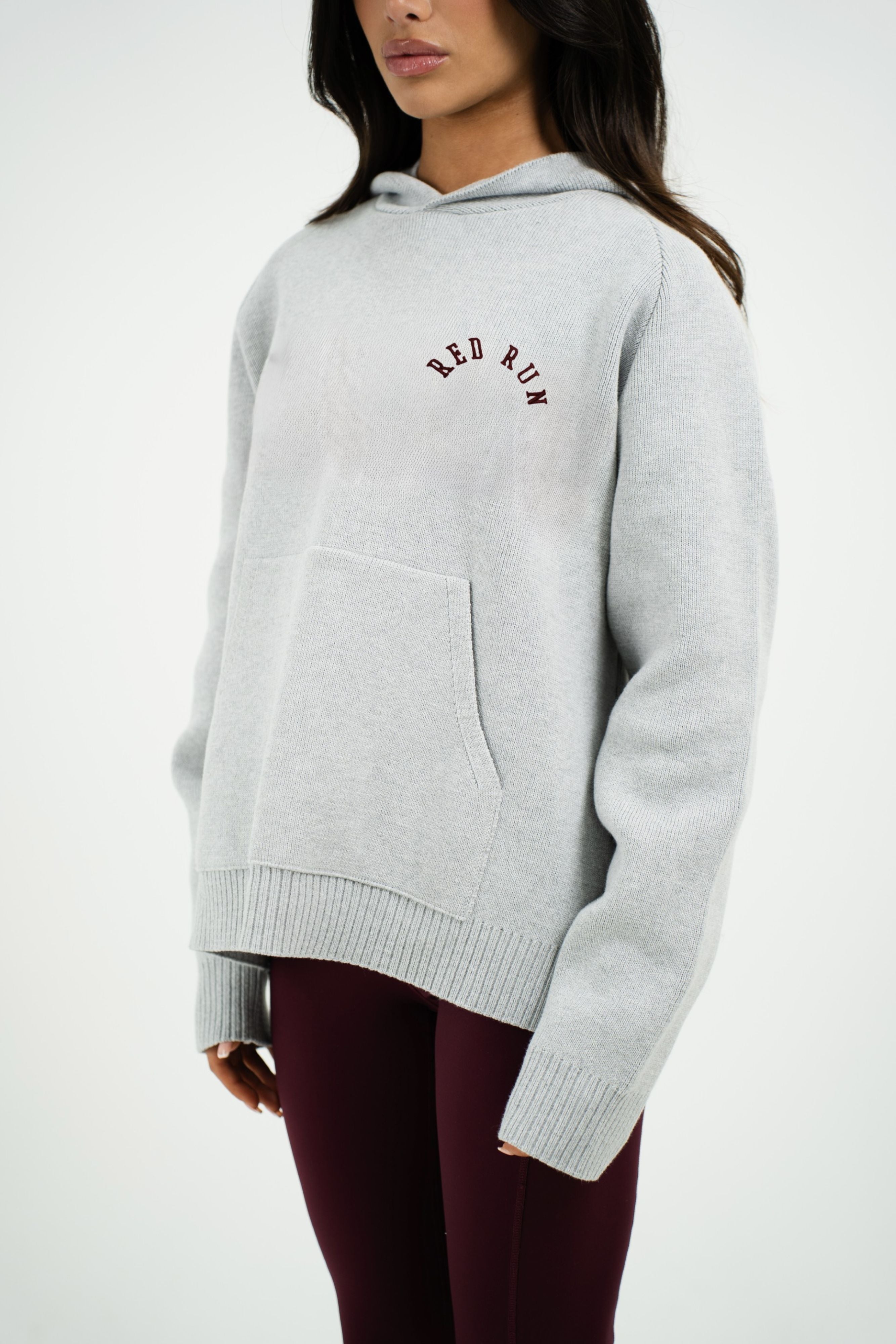 Oversized Knit Hoodie - Grey Melange/Burgundy