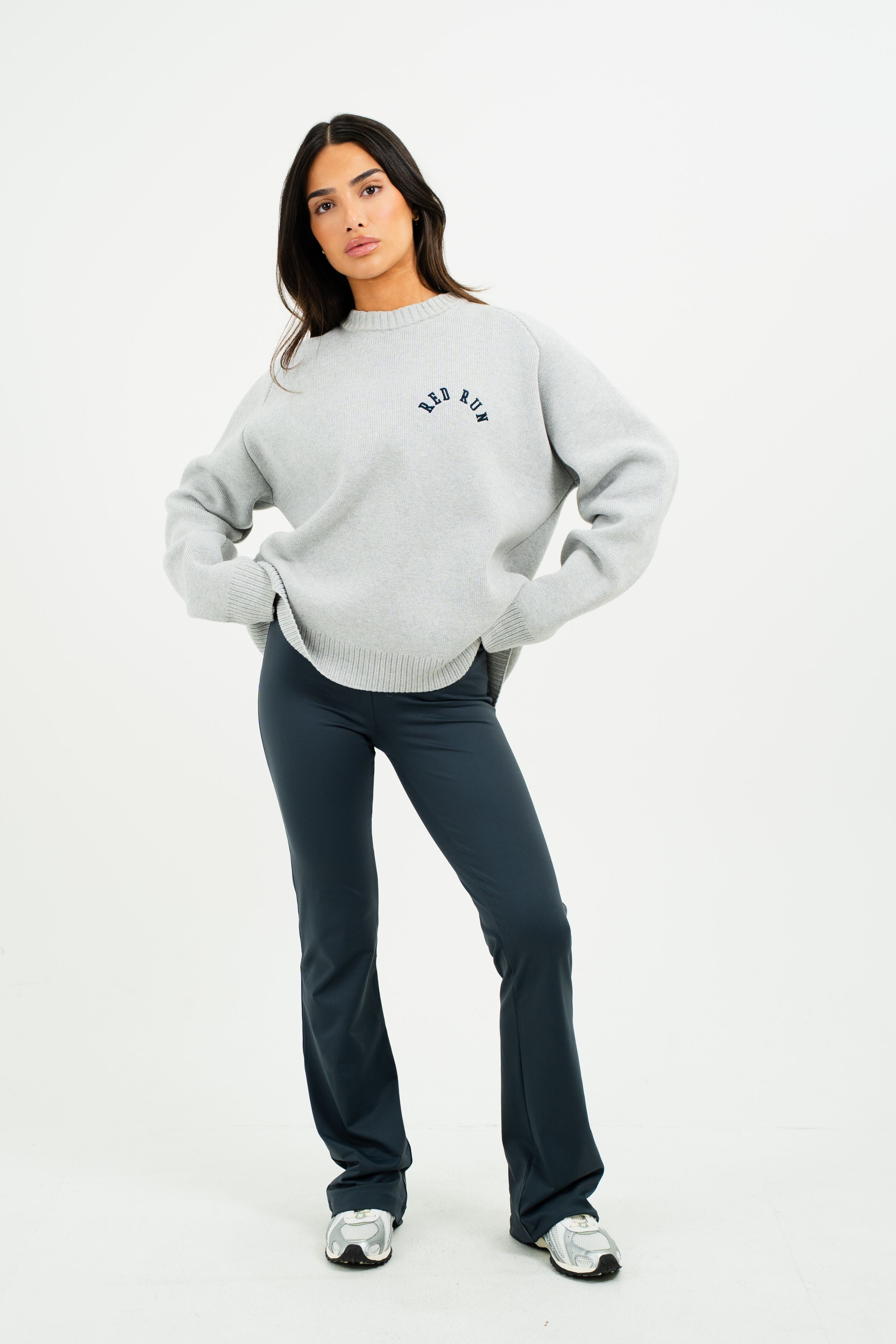 Oversized Knit Crew Neck Sweater - Grey Melange/Slate Grey