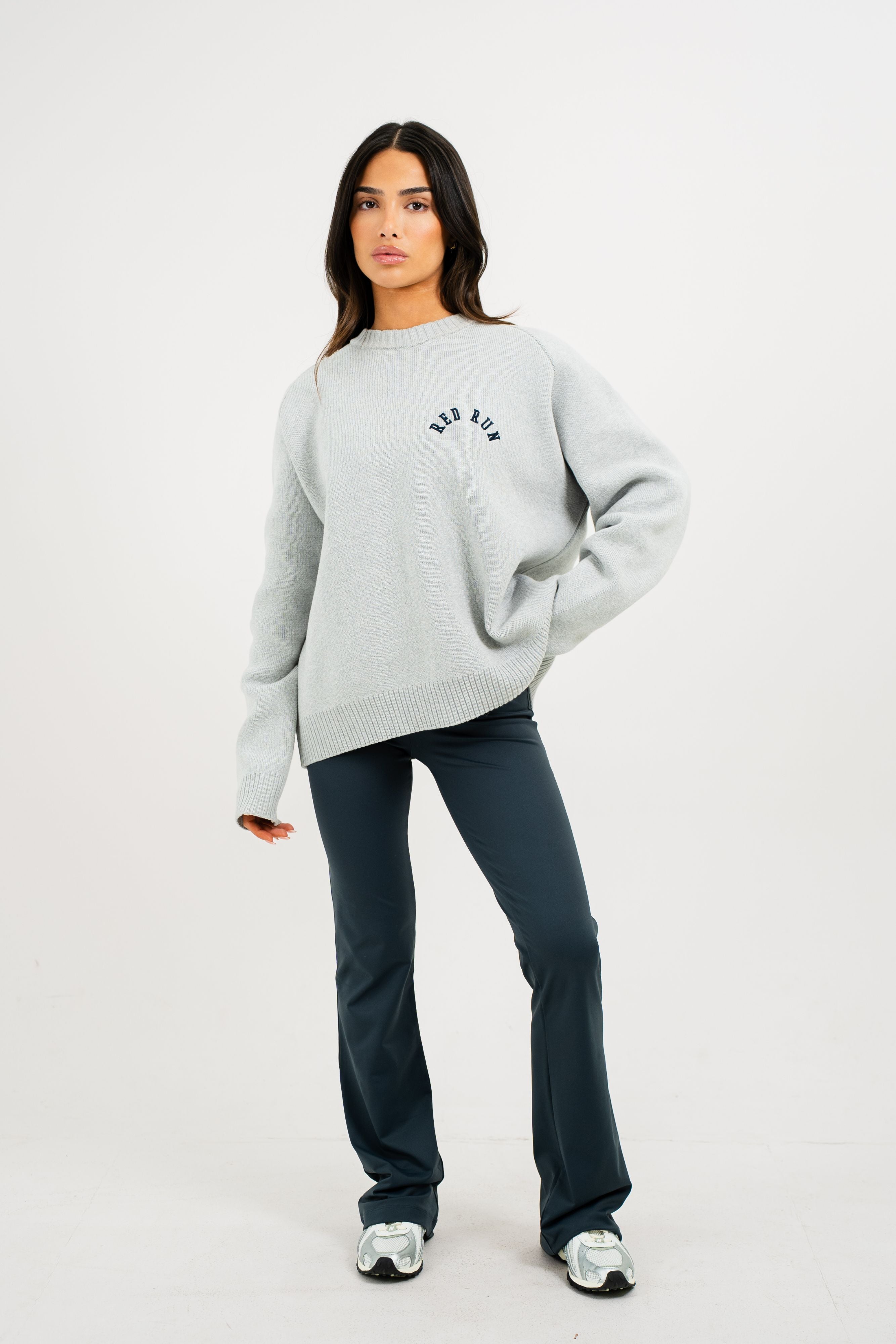 Oversized Knit Crew Neck Sweater - Grey Melange/Slate Grey