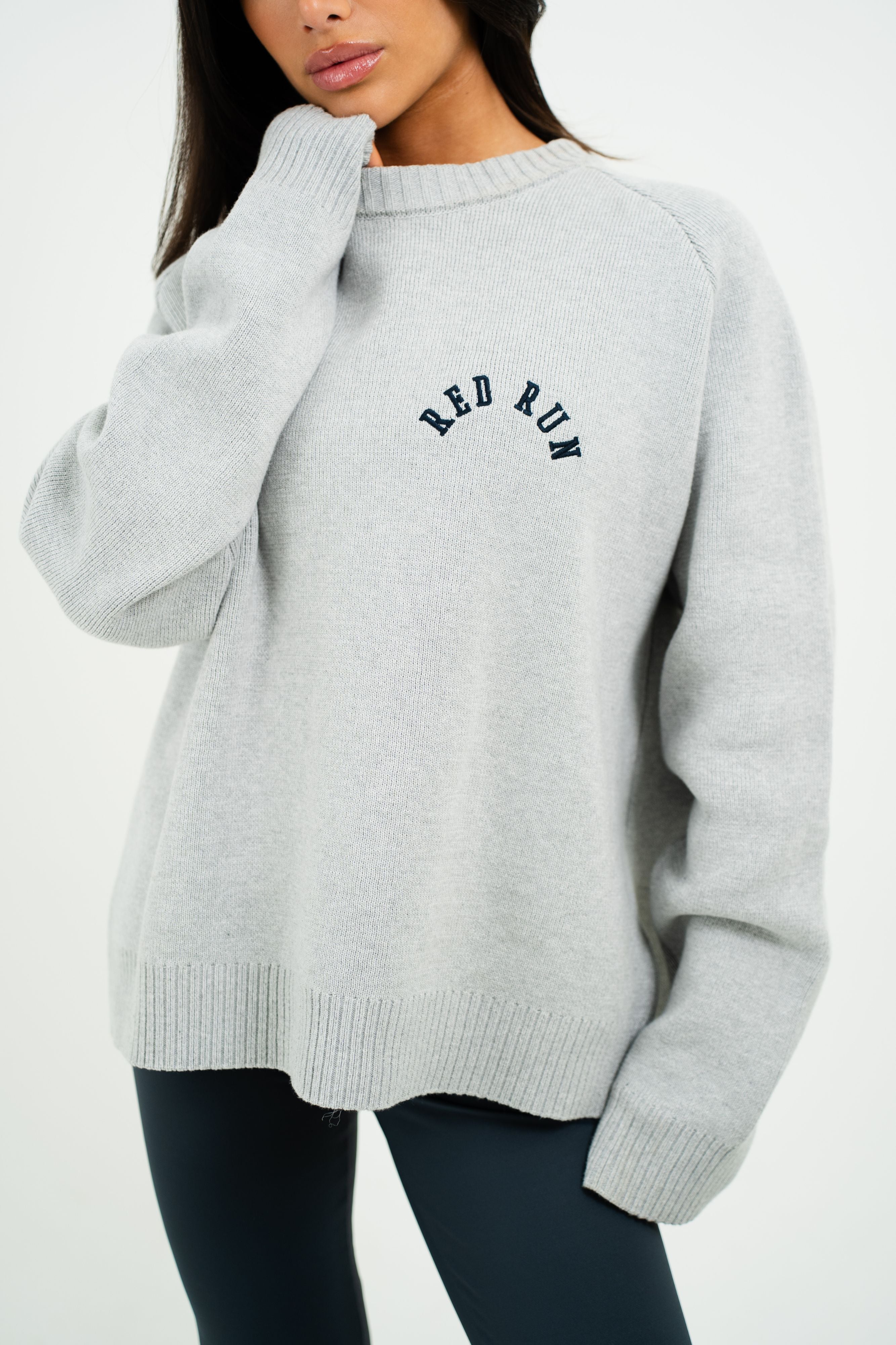 Oversized Knit Crew Neck Sweater - Grey Melange/Slate Grey